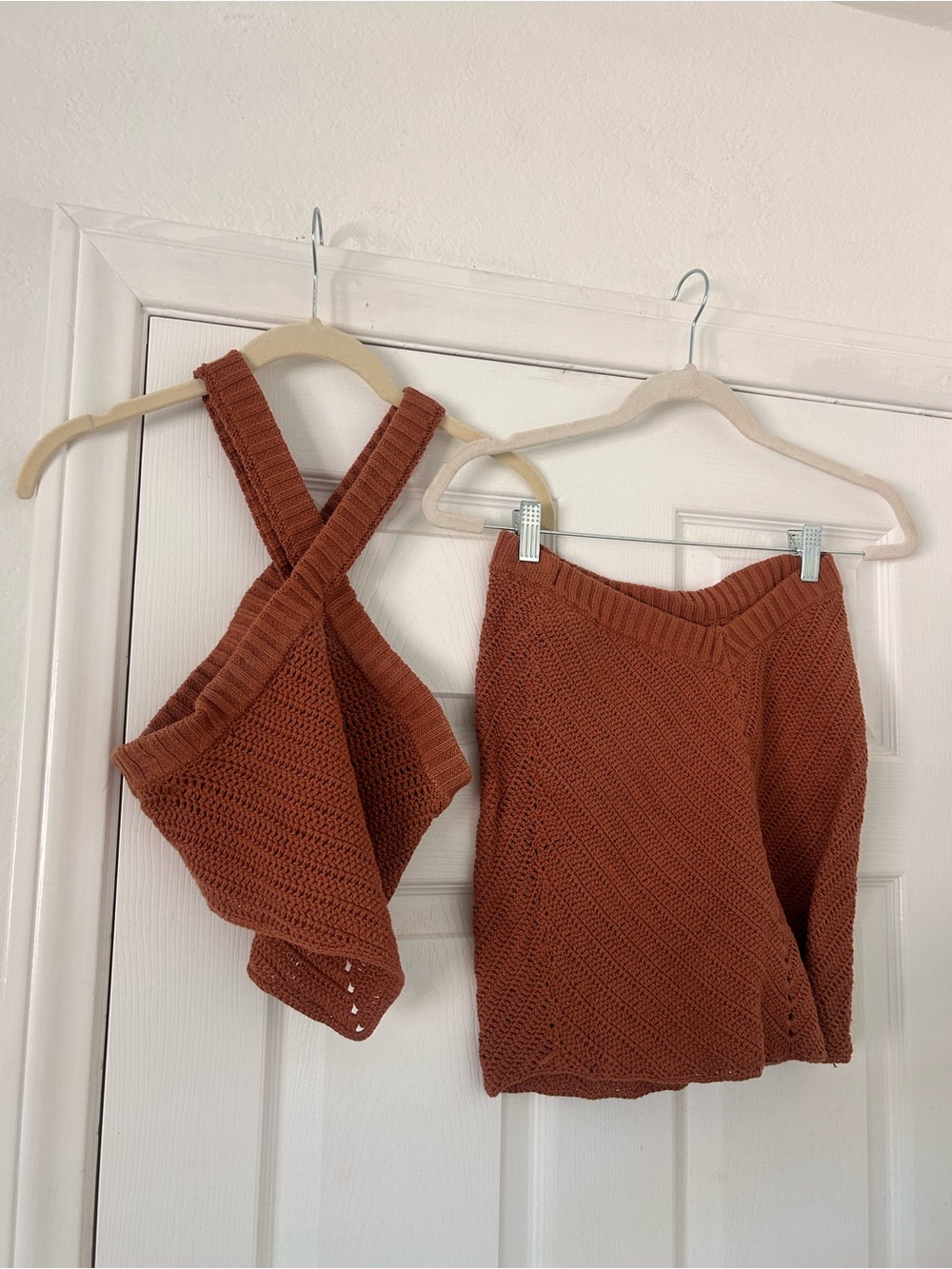Lovers + Friends Rust Crochet Mini Skirt Set